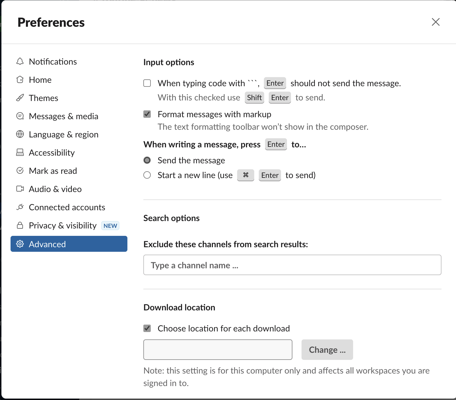 slack advanced settings
